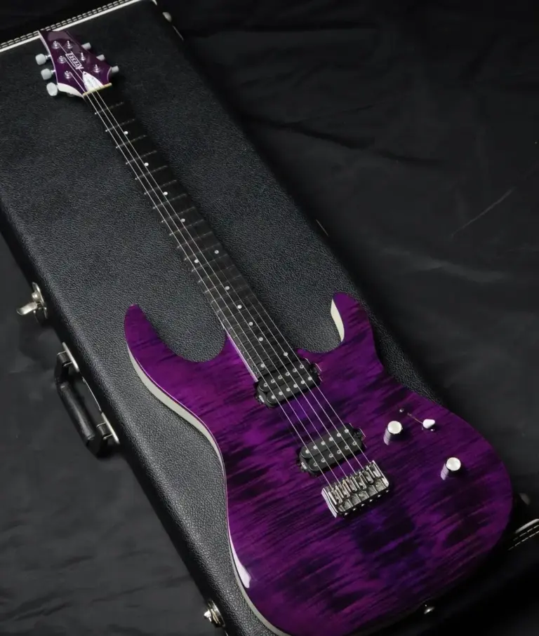 Guitare électrique Kiesel table flammée violette dans son étui